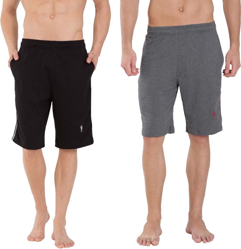 Pack of 2 Solid, Self Design Men Black, Grey Regular Shorts