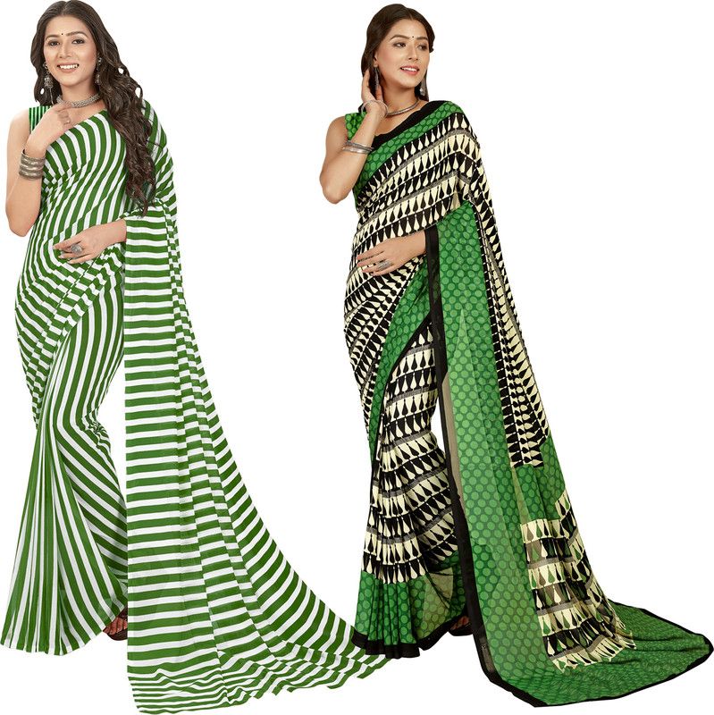 Printed Daily Wear Georgette Saree  (Pack of 2, White, Green)