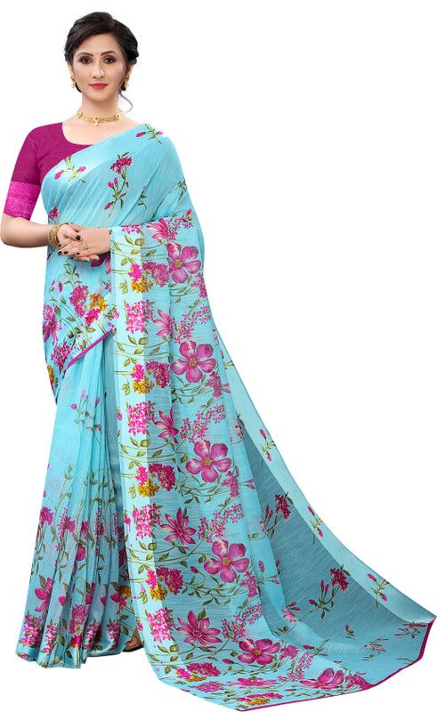 Floral Print Daily Wear Cotton Linen Saree  (Blue)