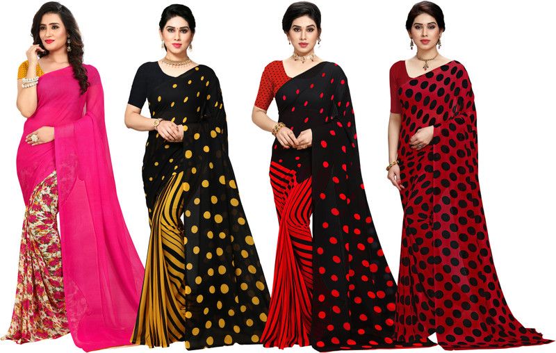Paisley, Ombre, Geometric Print, Floral Print Daily Wear Georgette Saree  (Pack of 4, Red, Pink, Black, Yellow)