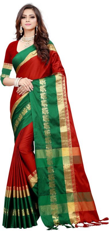Solid/Plain Bollywood Cotton Silk Saree  (Red, Green)