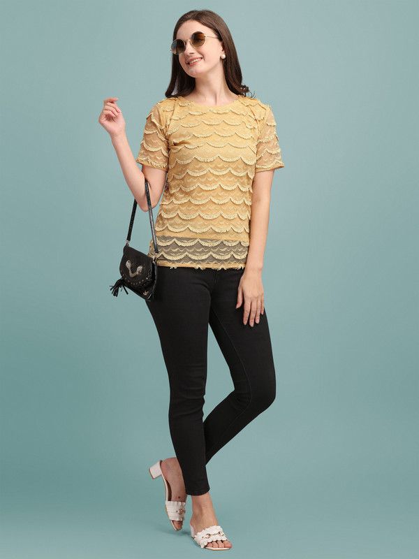 Casual Laser Cut Women Gold Top