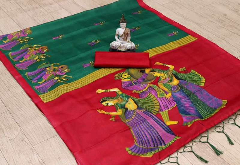 Self Design Madhubani Pure Silk Saree  (Green)