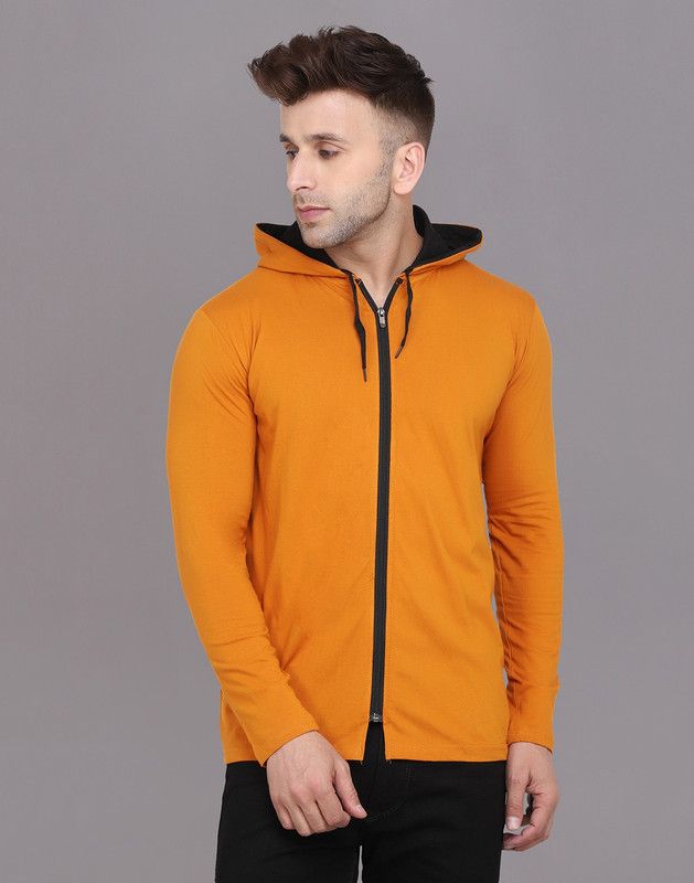 Faizan Men Solid Hooded Neck Cotton Blend Gold T-Shirt