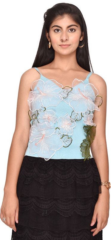 Party Noodle Straps Self Design Women Light Blue Top