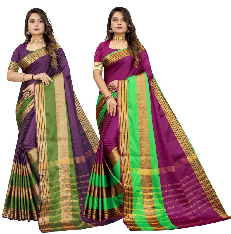 Striped Bollywood Cotton Silk Saree  (Pack of 2, Magenta, Purple)