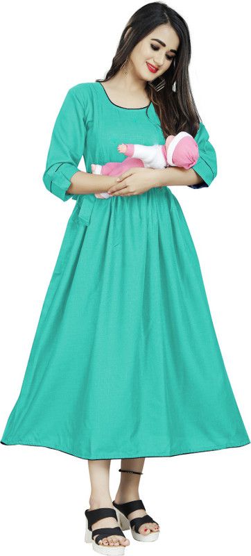 Women Self Design Cotton Blend Flared Kurta  (Light Blue)