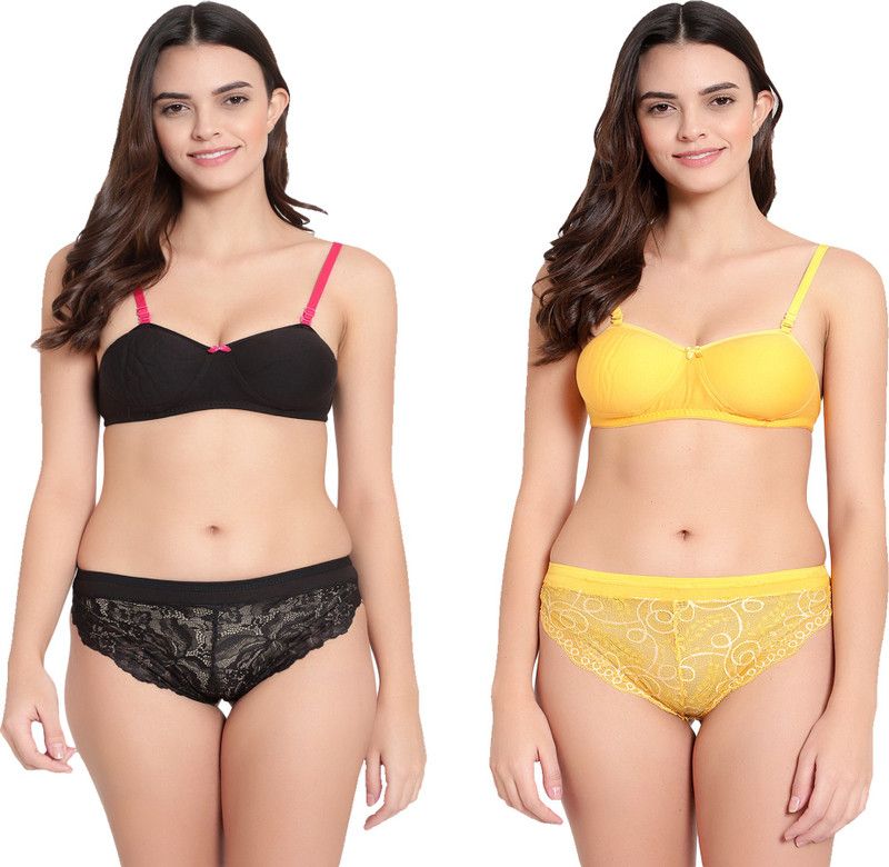 Bra & Panty Set Self Design Yellow, Black Lingerie Set