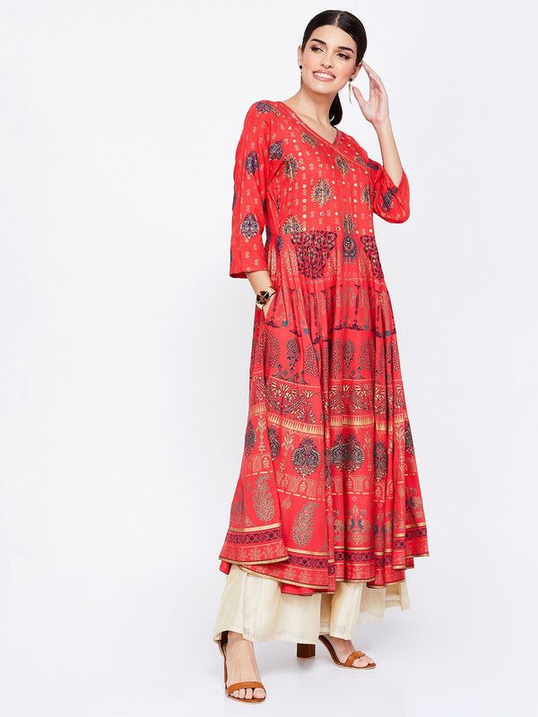 Women Embellished Viscose Rayon Flared Kurta  (Red)