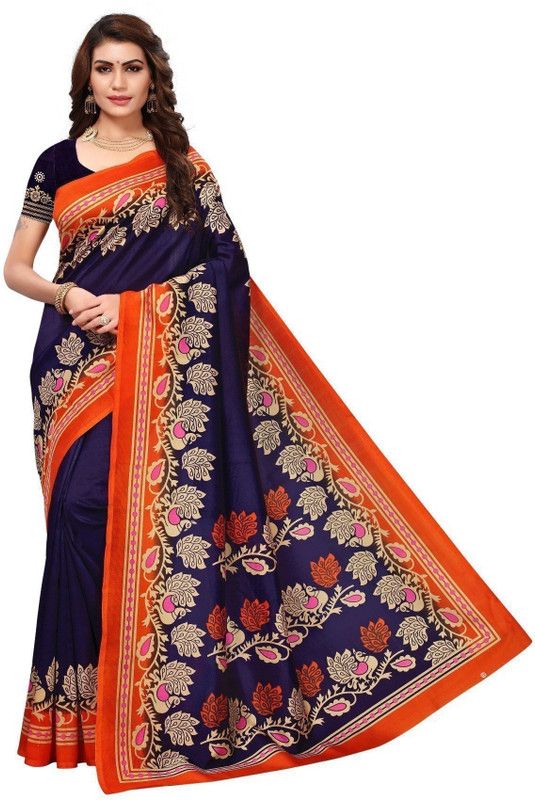 Floral Print Kalamkari Art Silk Saree  (Dark Blue)