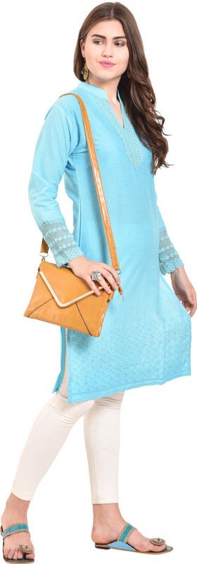 Women Embroidered Kurta  (Light Blue)