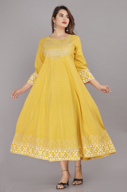 Pack of 10 Women Embroidered Viscose Rayon Flared Kurta  (Yellow)