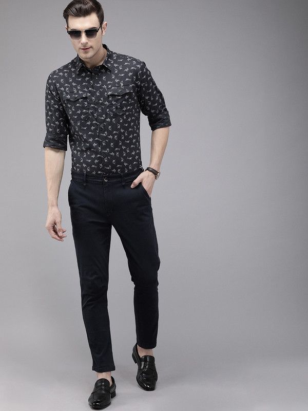 Men Slim Fit Animal Print Spread Collar Formal Shirt