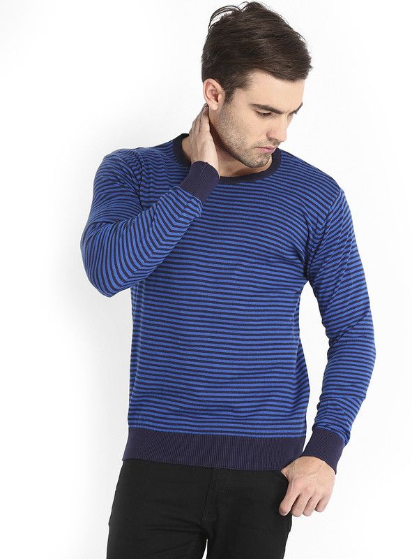 Men Striped Round Neck Blue Sweater