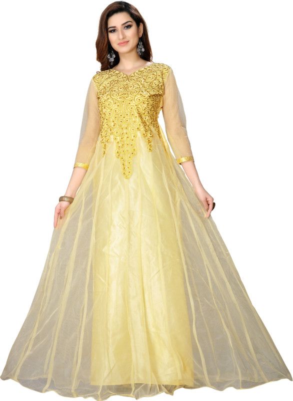 Embroidered Net Semi Stitched Flared/A-line Gown  (Yellow)