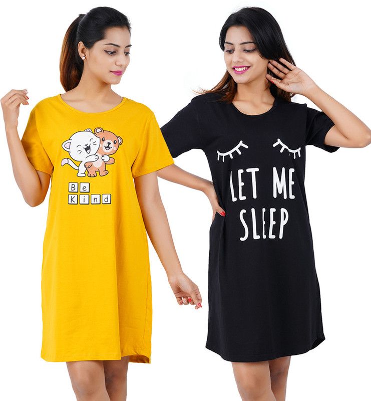 Pack of 2 Women Nighty  (Yellow, Black)