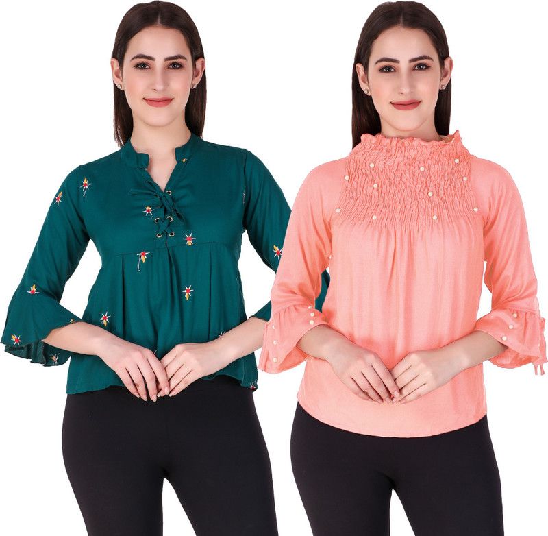 Pack of 2 Casual Bell Sleeves Embroidered Women Multicolor Top