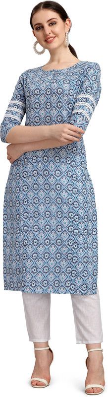 Women Printed Pure Cotton Straight Kurta  (Light Blue)