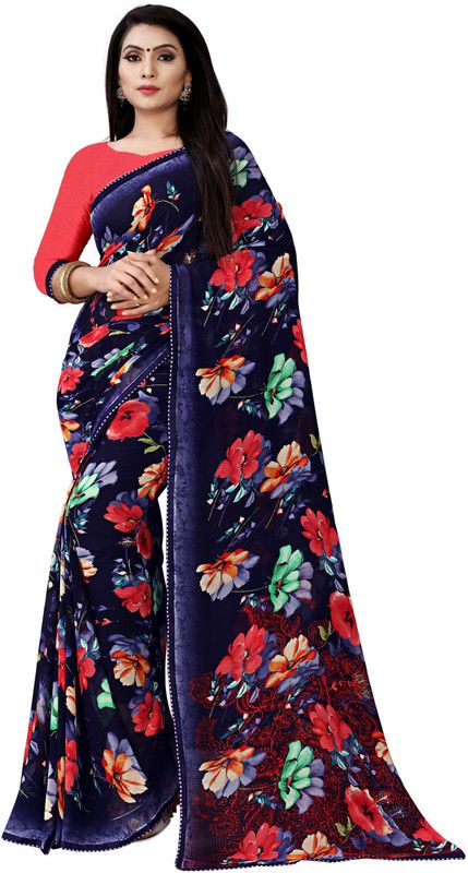 Printed, Floral Print Bollywood Georgette Saree  (Blue)