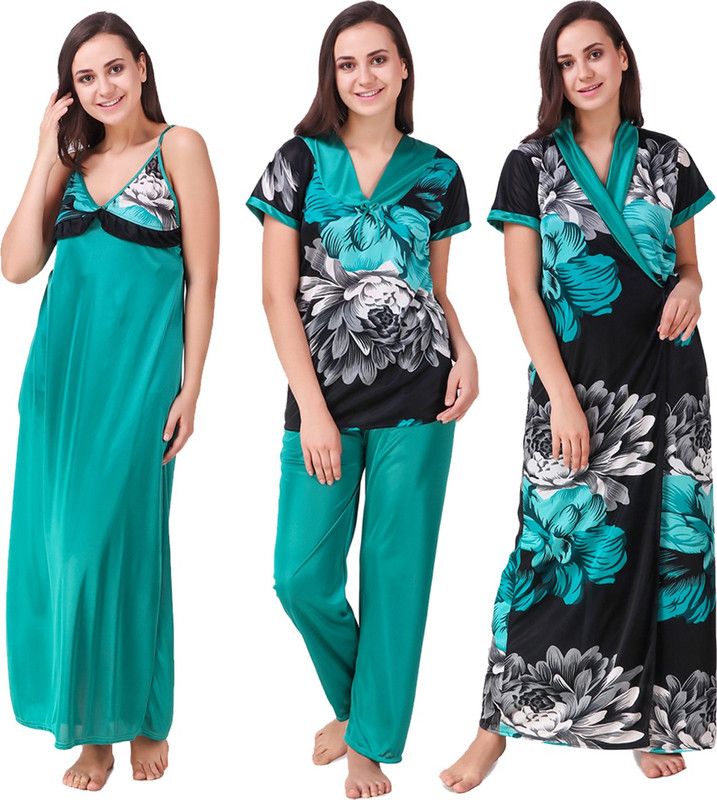 Pack of 3 Women Nighty Set  (Green, Black)