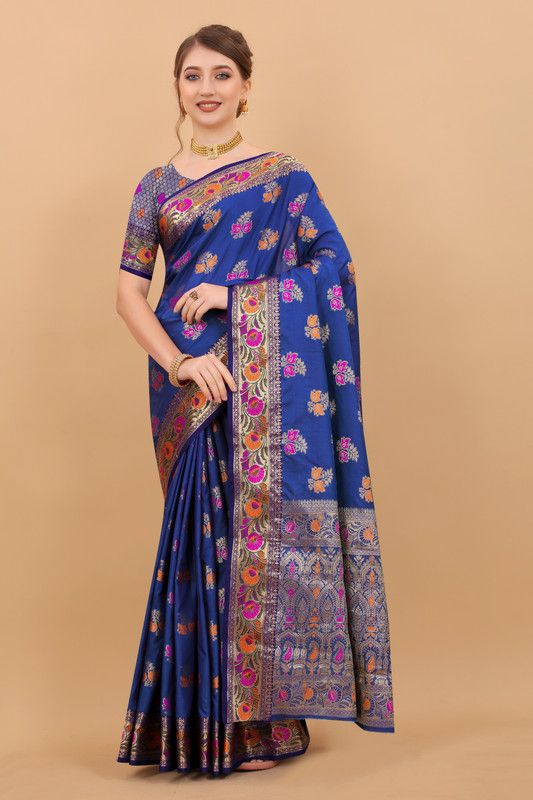Printed, Self Design, Embellished, Woven, Floral Print, Blocked Printed Banarasi Jacquard Saree  (Dark Blue)