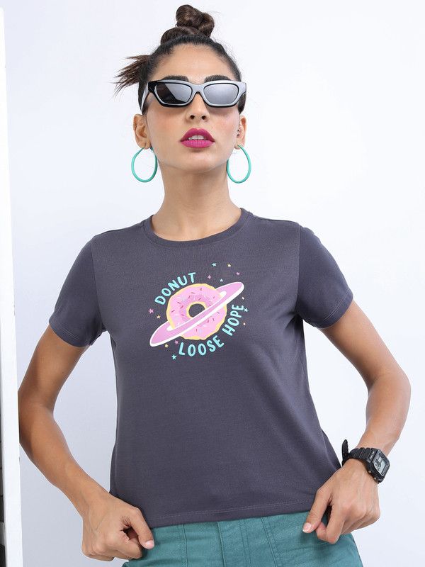 Women Printed, Typography Round Neck Polyester Grey T-Shirt