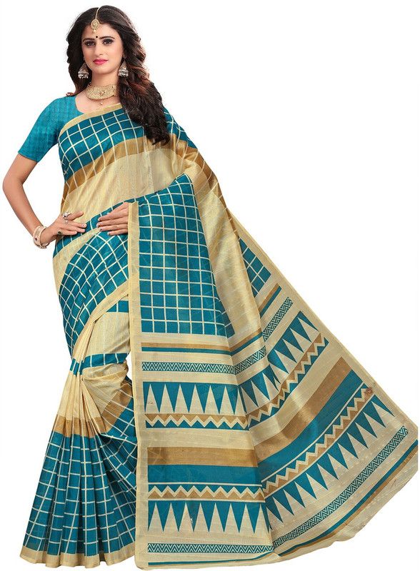 Checkered Bollywood Art Silk Saree  (Green, White)