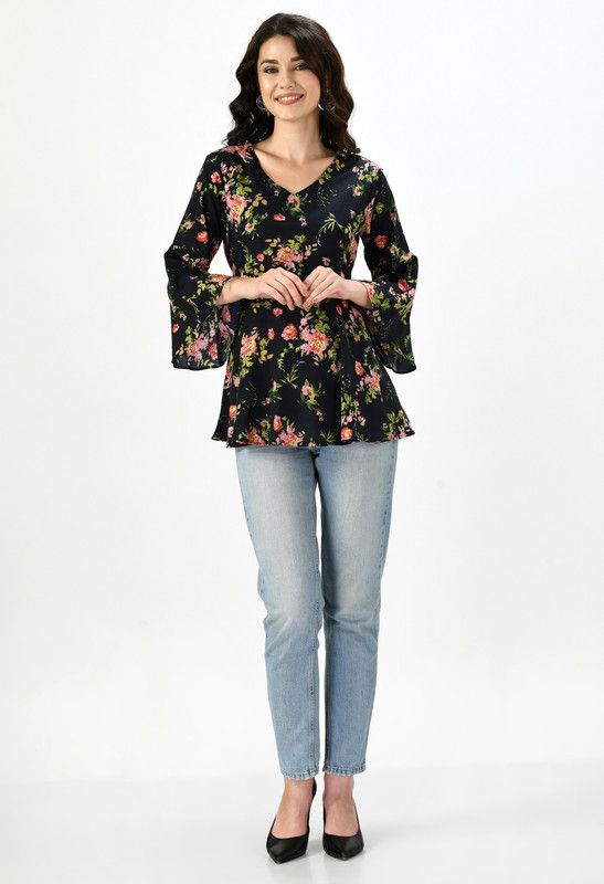 Casual Flared Sleeves Printed Women Dark Blue Top
