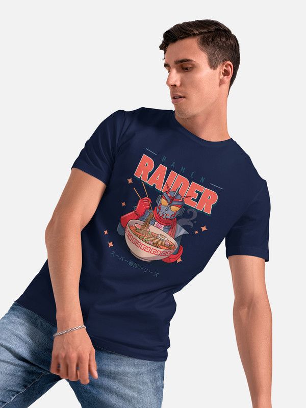 Men Printed, Typography Round Neck Pure Cotton Navy Blue T-Shirt