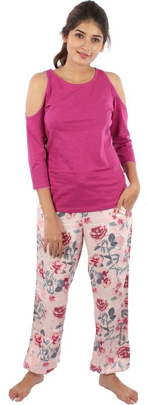 Women Top & Pyjama Set Pink Floral Print