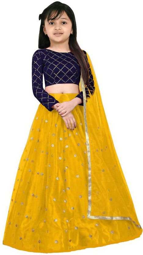 Girls Lehenga Choli Ethnic Wear Checkered Lehenga, Choli and Dupatta Set  (Gold, Pack of 1)