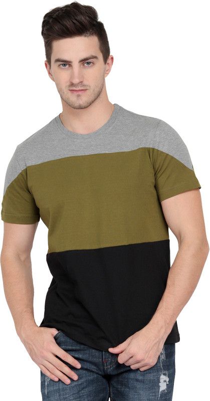 Men Self Design Round Neck Pure Cotton Green, Black, Grey T-Shirt
