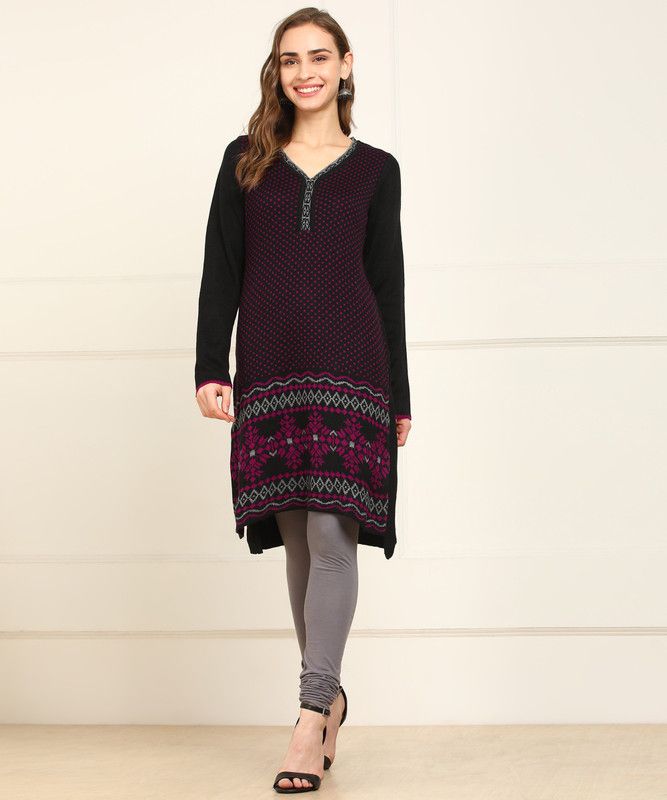 Women Self Design Acrylic Blend Straight Kurta  (Black)