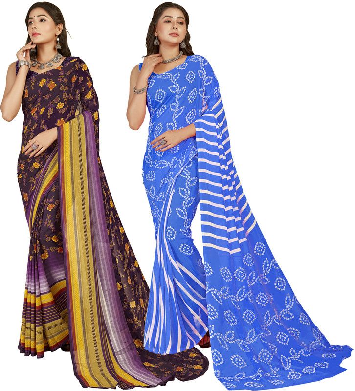 Printed Daily Wear Georgette Saree  (Pack of 2, Purple, Yellow, Multicolor)