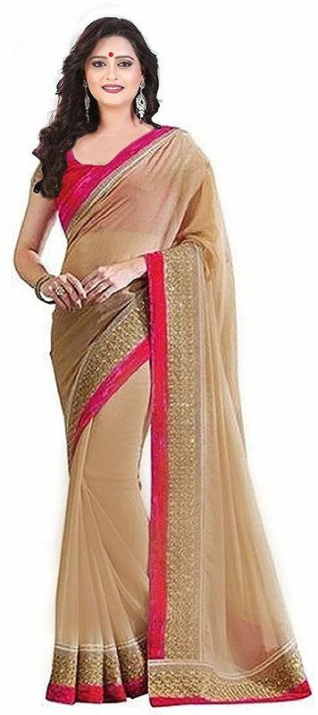 Solid/Plain Bollywood Georgette, Silk Blend Saree  (Beige)