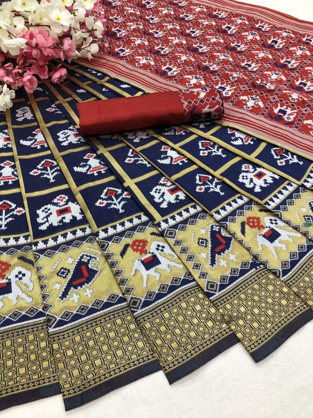 Printed Patola Cotton Silk Saree  (Dark Blue)