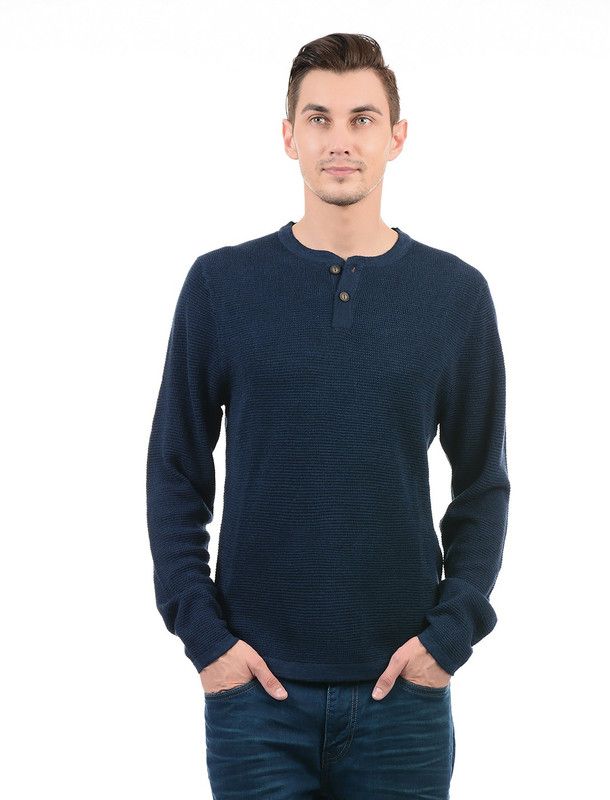 Men Solid Round Neck Dark Blue Sweater