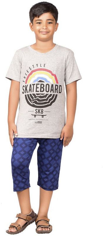 Kids Nightwear Boys Pure Cotton T-shirt & Three-forth Set  (Pack of 1)
