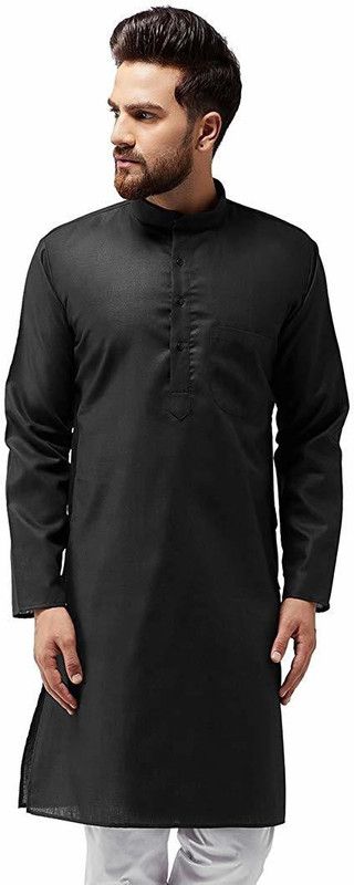Men Self Design Cotton Linen Straight Kurta  (Black)