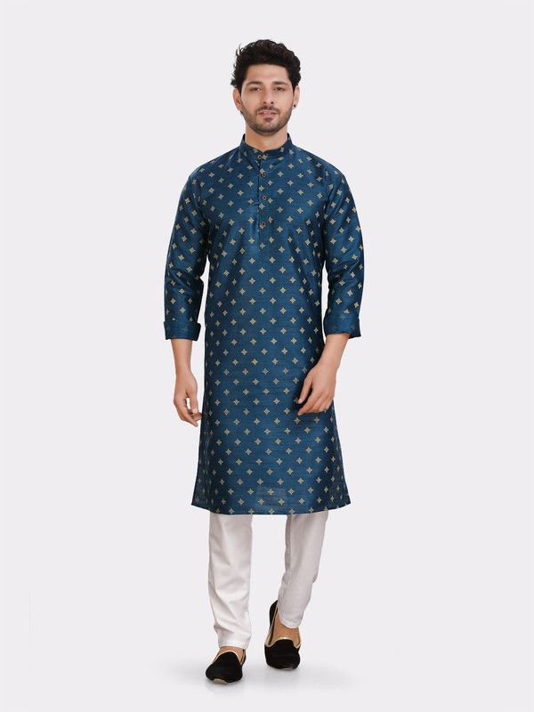 Men Printed Silk Blend Straight Kurta  (Dark Blue)