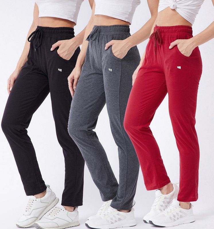 Pack of 3 Women Solid, Self Design Red, Black, Grey Track Pants