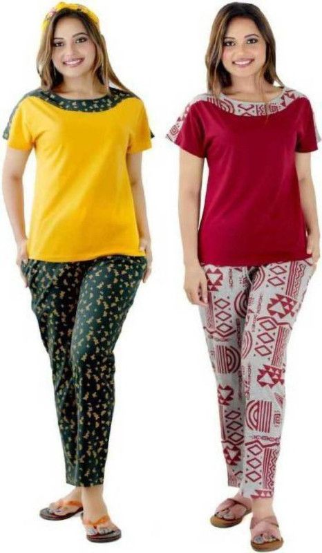 Women Top & Pyjama Set Yellow, Green Printed
