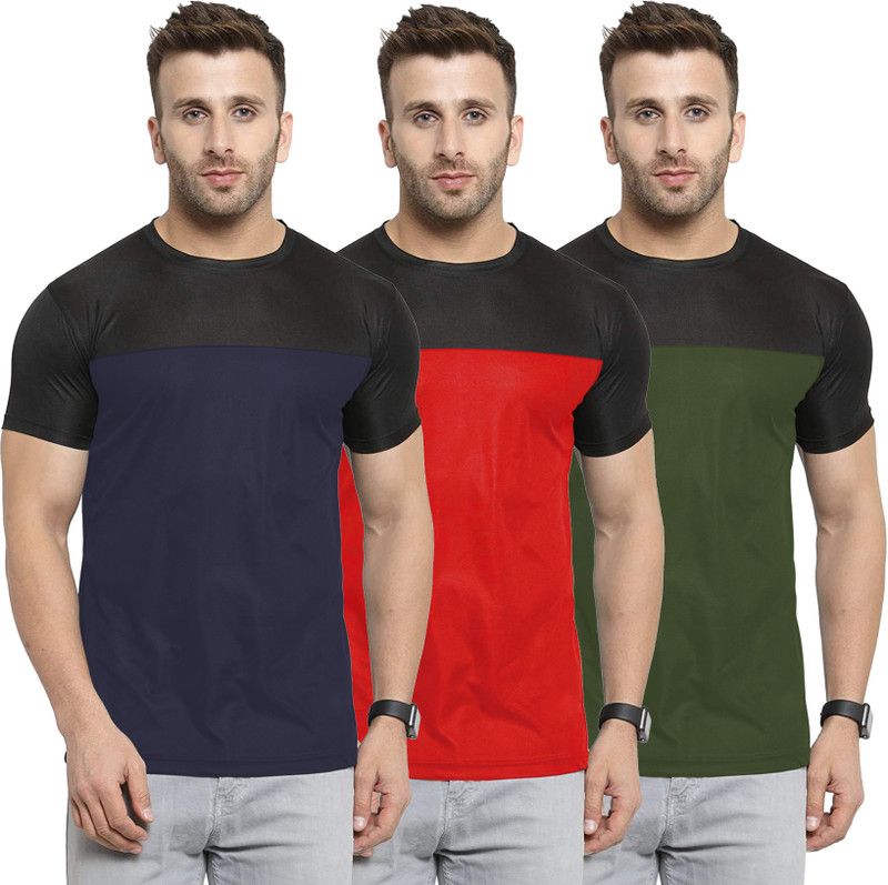 Pack of 3 Men Solid Round Neck Polyester Dark Green, Red, Navy Blue T-Shirt