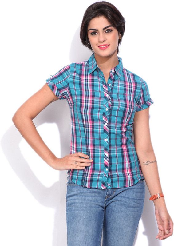 Casual Regular Sleeves Checkered Women Light Blue, Pink Top