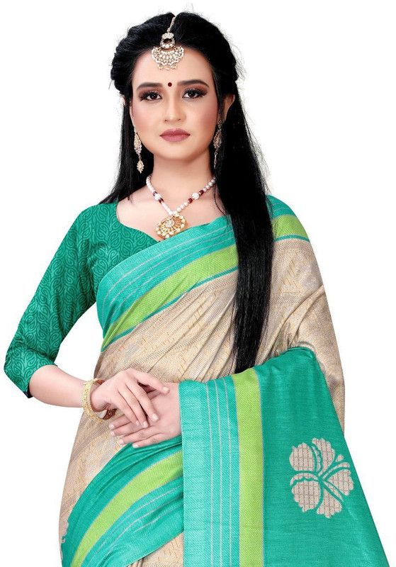 Floral Print Daily Wear Silk Blend Saree  (Light Green)