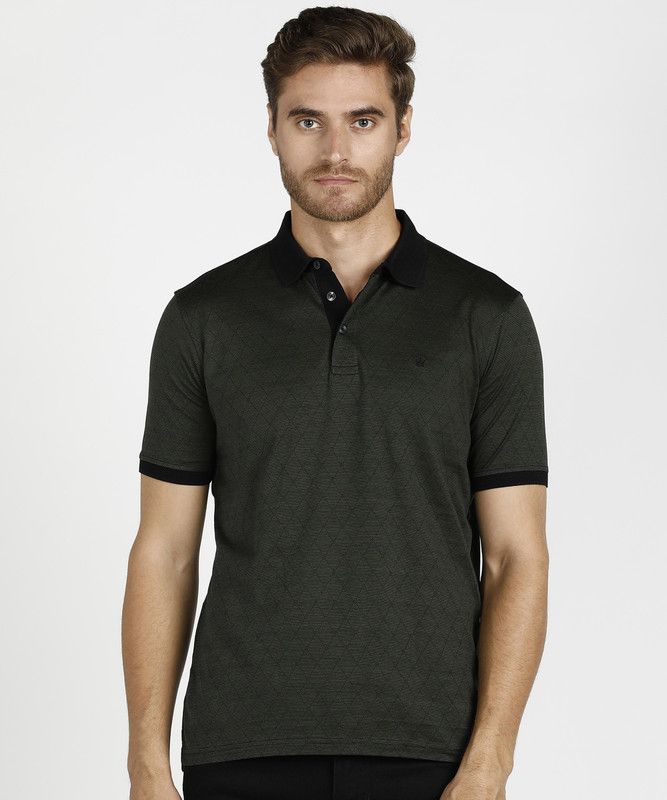 Men Self Design Polo Neck Pure Cotton Green T-Shirt