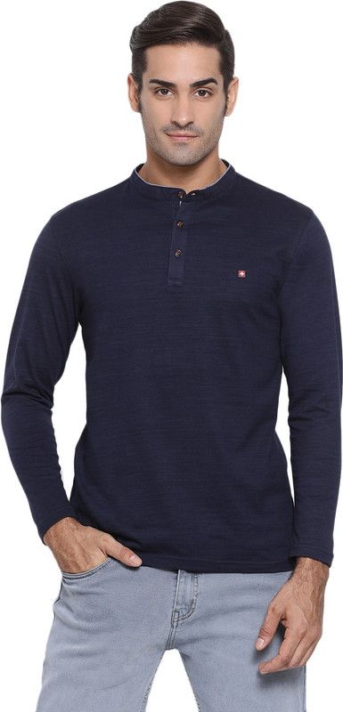 Men Solid Mandarin Collar Cotton Blend Dark Blue T-Shirt