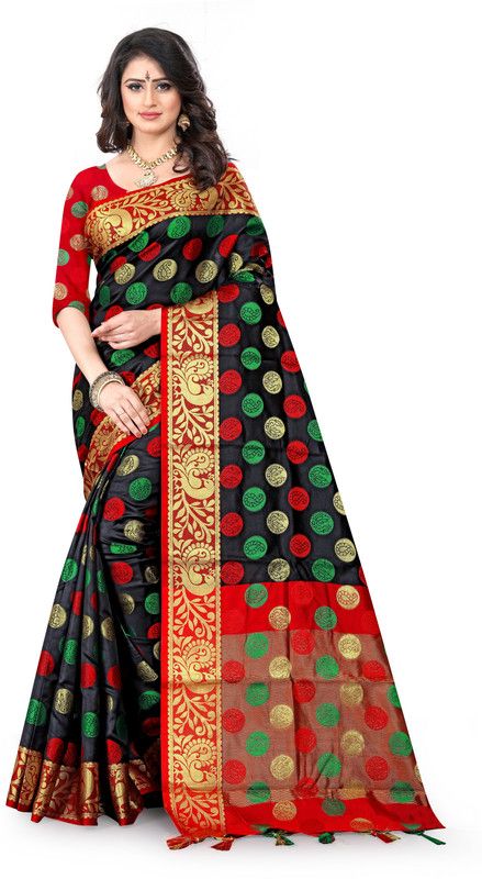 Woven Paithani Jacquard, Cotton Silk Saree  (Black)