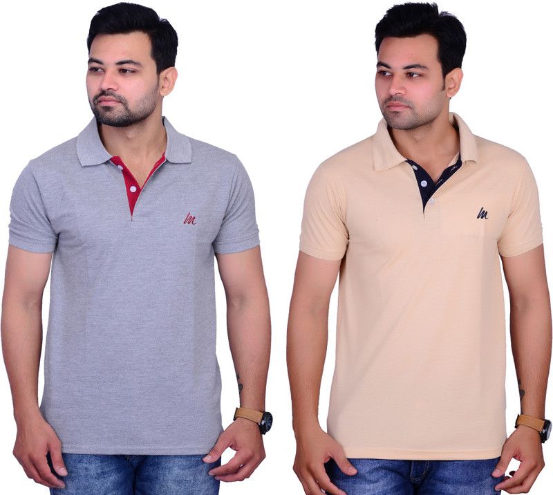 Pack of 2 Men Solid Polo Neck Cotton Blend Grey, Beige T-Shirt