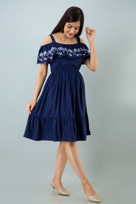 Women Cinched Waist Blue Dress